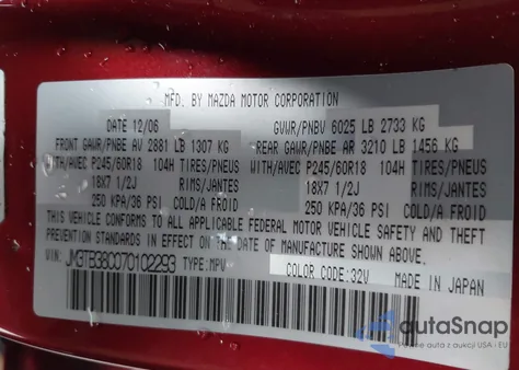 2007 Mazda Cx-9 Sport from USA, damaged, VIN JM3TB38C070102293